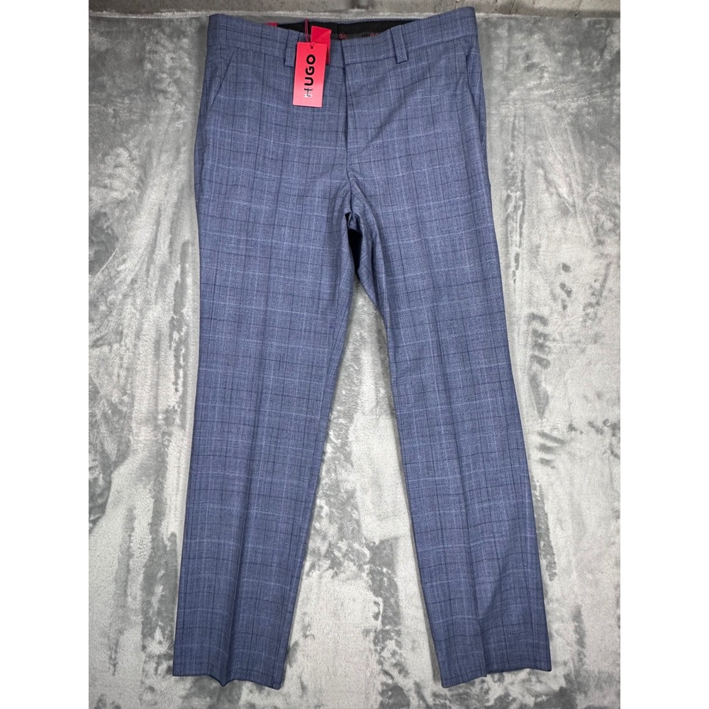 Hugo Boss Blue Plaid Glen Check Dress Pants Mens 34R IT 50 Flat Front Trousers